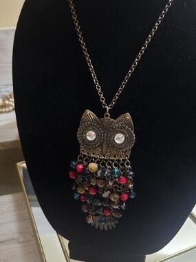 Vintage Gold-Tone Owl Necklace with Red, Blue, Amber and Gray Beads